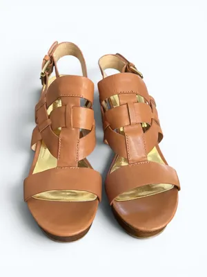 Marc Fisher Brown Leather Strappy Woven Platform Sandals Chunky Heel Sz 6.5 thumbnail 7