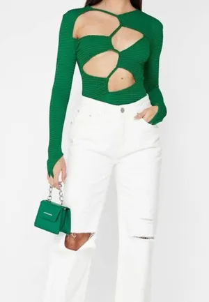 Maniere De Voir Textured Cut Out Bodysuit Green thumbnail 2