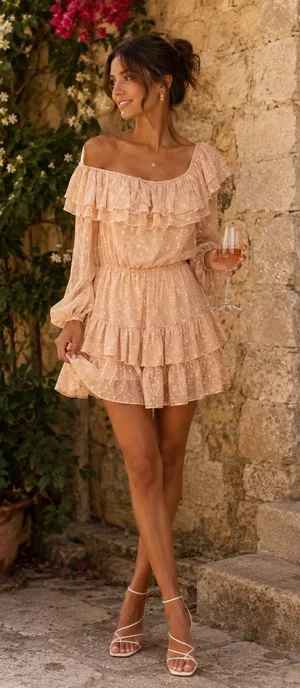 &merci Star Print Ruffle Off‎ Shoulder Tiered Mini Dress Peach Large thumbnail 1