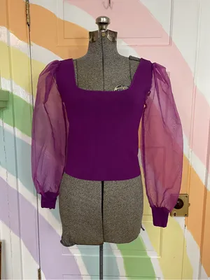 House of Harlow 1960 Sheer Puff Sleeve Chiffon Square Neck Crop Top Sz XS 💚🎀 thumbnail 1