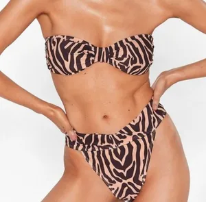 Nasty Gal Animal Print High-Waisted High Leg Bikini Set Brown Tan Size 2 XS NWOT thumbnail 1