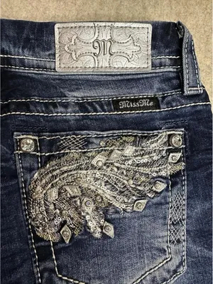 Miss Me Jeans Mid-Rise Cropped Wings Embellished Rhinestones Blue Size 27 thumbnail 2