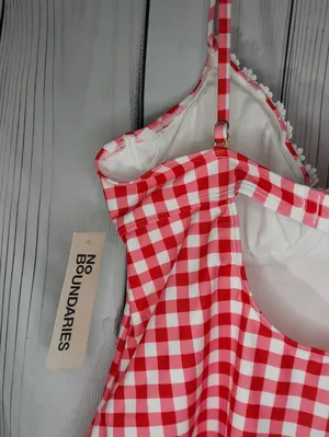 No Boundaries Red & White Underwire Gingham One-Piece Swimsuit with Daisy Trim thumbnail 7