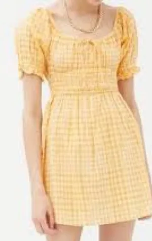 Urban Outfitters Yellow Gingham Puff-Sleeve Mini Dress thumbnail 1
