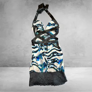 Bebe‎ 100% Silk Halter Mini Dress XS Turquoise Spotlight Y2K thumbnail 5