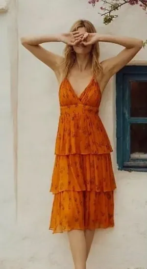 Anthropologie Guapa Pamela Orange Floral Midi Halter Dress Sz. 8 thumbnail 1