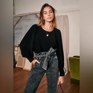 Sézane Bénédicte Blouse Black FR 34 US 2 Small‎ Boho Balloon Sleeve Crepe Top thumbnail 3