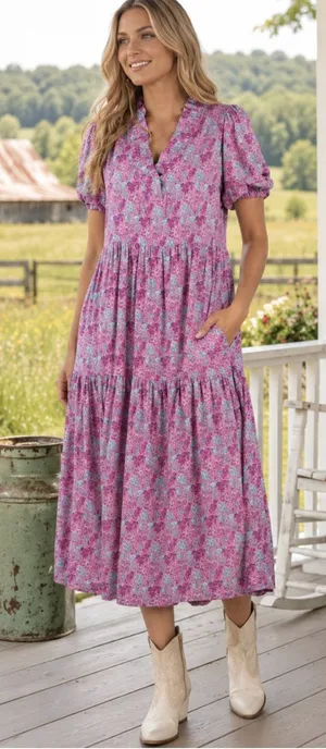 Pink Floral Tiered Midi Dress with Puff Sleeves thumbnail 1