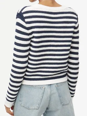 J. Crew Navy and White Striped V-Neck Button Cardigan thumbnail 3