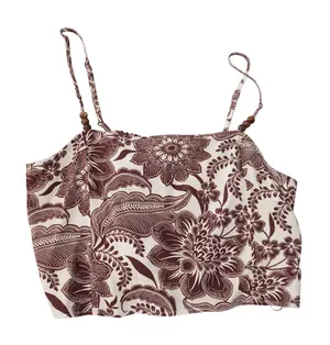 Rachel Zoe Size Medium Brown Floral Linen Blend Beaded Strap Smocked Crop Top thumbnail 1