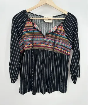 Savanna Jane Black Striped Geo-Inspired Embroidery Top Boho Women Size Small‎ thumbnail 1