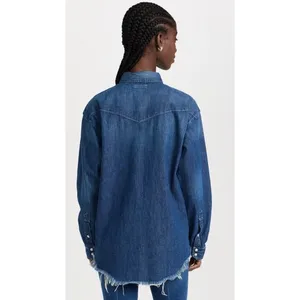 Mother The Western Cowgirl Blue Denim Jean Long Sleeve Button Raw Hem S thumbnail 2