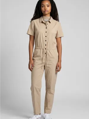 Serra Olive Short-Sleeve Button-Front Jumpsuit thumbnail 2