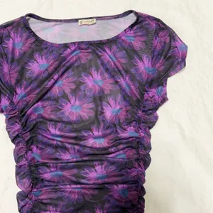 Intimately Free People Purple Floral Mesh Ruched Short Sleeve Top‎ XS thumbnail 8
