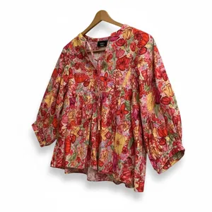 VICI Red Floral‎ Babydoll Top Medium 3/4 Balloon Sleeve Empire Waist Size M thumbnail 2