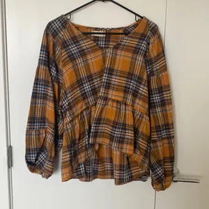 Altar'd State V neck Mustard colored blouse with blue detailing. Size small thumbnail 2