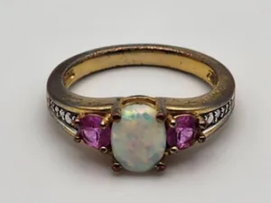 Kiran Jewelers Gold Tone White Fire Opal, Pink Topaz, & Diamond Ring (7) thumbnail 5