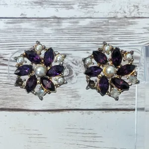 Vintage Screw On Earrings - Purple Gems and Faux Pearls - Poor Condition thumbnail 1