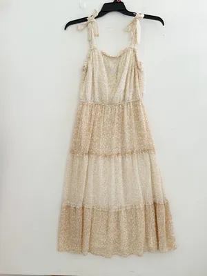 NEW Sincerely Jules floral tiered midi dress Tan cream cottagecore peasant LARGE thumbnail 2
