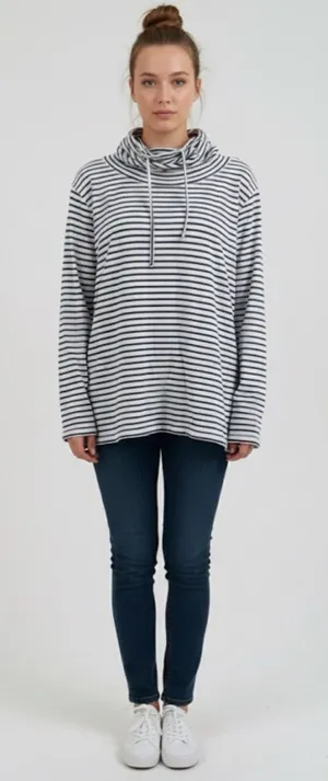 Toad & Co Size L Cowl Neck Long-Sleeved Top in white and blue thumbnail 1