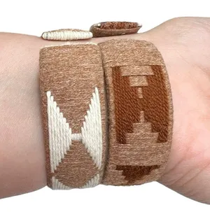 Brown & White Yarn Wrapped Aztec Native Pattern Cuff Bracelets thumbnail 5