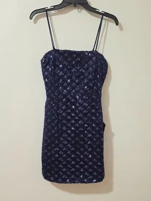 Lulus Shimmering Vibes Lurex Sequin Lace Up Mini Dress - Navy Blue - Size M thumbnail 2