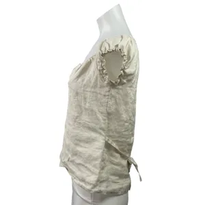 Brandy Melville Beige 100% Linen Short Sleeve Tie Back Henley Blouse Top Size M thumbnail 2