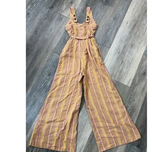 Anthropologie Striped Linen Blend Wide Leg Jumpsuit Belted Tan Size 0 thumbnail 9