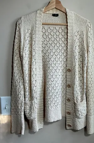 Eddie Bauer Pointelle Open Knit Cardigan XS Cream Womens Cotton Sweater thumbnail 1