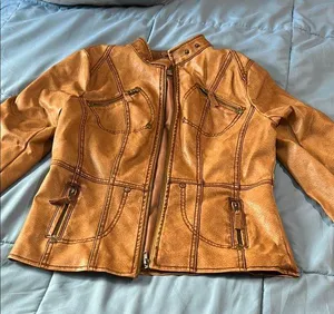 Tan Leather Motorcycle Jacket with Zipper Closure Size M thumbnail 1