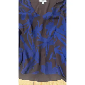 Evereve Blue Brown Abstract Floral Smocked Peplum Balloon Sleeve‎ Blouse Large thumbnail 4