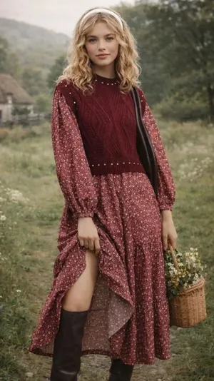 By Anthropologie Layered Burgundy Sweater Dress Size Large Womens thumbnail 1