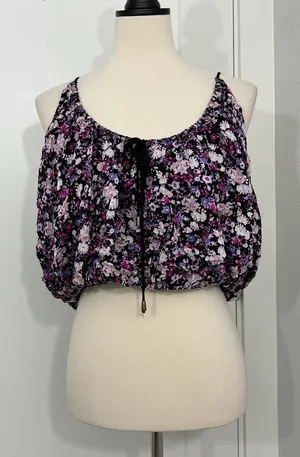 Free People Small Floral Print Drawstring Bubble Hem Crop Top thumbnail 1