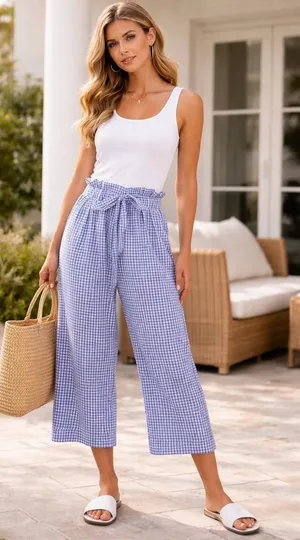Joie Gingham Wide‎ Leg Cropped Pants Paperbag Waist Blue White Size L thumbnail 1