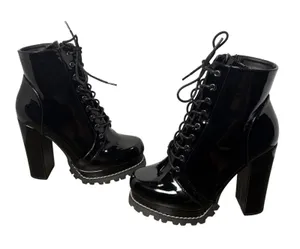 Liliana Black Patent Lace-Up Combat Boots Chunky Platform Heel Size 8 thumbnail 1