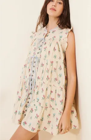 Free People Sundown Tunic Dress Printed Buttondown Cap Sleeve Ivory Size Large thumbnail 1