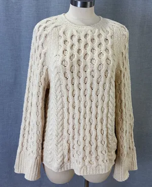 J.Crew Cream Openwork Cable Knit Cotton Sweater Bell Sleeve Large thumbnail 1