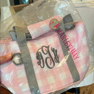 MarleyLilly Personalized Small Cooler Lunch Bag Pink Checked DHT Monogram thumbnail 3