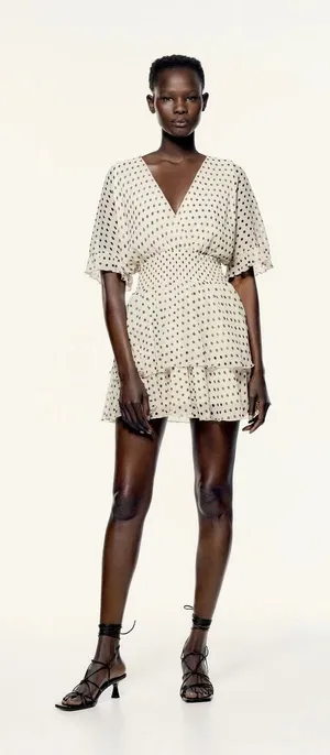 Zara Off White Polka Dot V-neck Wrap Ruffle Layered Smocked Tiered Mini Dress L thumbnail 1