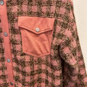 Polagram Pink Plaid Mixed Media Snap Front Shacket Jacket PSJ1287 Womens Large thumbnail 5