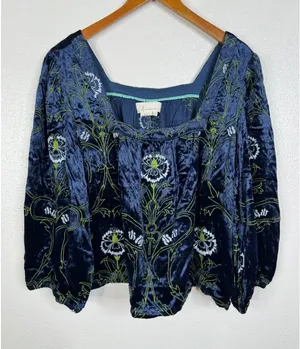 Anthropologie Navy Blue Velvet Embroidered Floral Puff Sleeve Blouse Large thumbnail 1