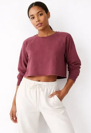 Pact Cropped Sweatshirt Burgundy Raglan Sleeve Raw Hem Organic Cotton Size L thumbnail 1
