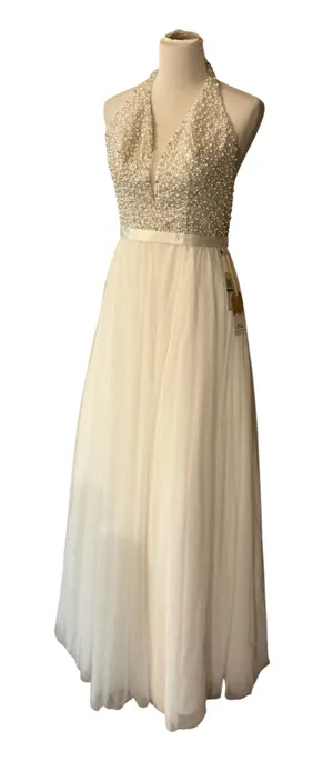 Say Yes to the Prom Ivory White Pearl & Sequin Halter Gown (NWT) thumbnail 1