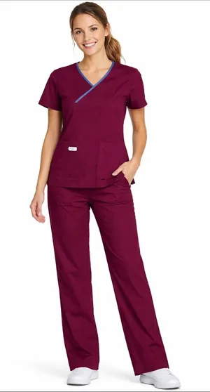 Urbane Straight-Leg Scrub Set in Burgundy with Blue Trim thumbnail 1