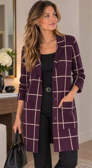 Nine West Womens Size Medium Burgundy Windowpane Plaid Long Cardigan Sweater thumbnail 1