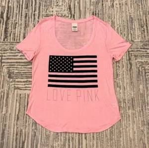 NEW Pink by Victoria's Secret women's medium pink/black USA t-shirt thumbnail 1
