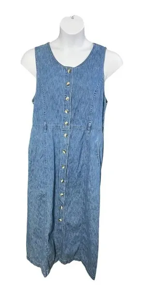 90s Christopher & Banks Blue Denim Midi Dress Sleeveless Size XL Cotton Button thumbnail 1