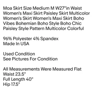 Moa Skirt Size Medium M W27"in Waist Women's Maxi Skirt Paisley Skirt Multicolor Multiple thumbnail 2