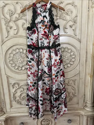 by Anthropologie Floral Lace-Trim Midi Dress in White with Red & Pink Blooms S-8 thumbnail 2