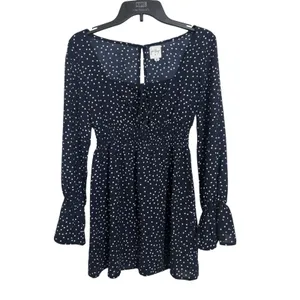 Princess Polly Navy White Polka Dot Bell Sleeve Smocked Mini Dress 8 Whimsical thumbnail 2